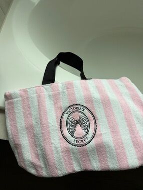 Victoria's Secret Pink and White Striped Tote with Black Handles